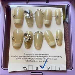 Elegant Beige and White Press-On Nails with Rhinestones